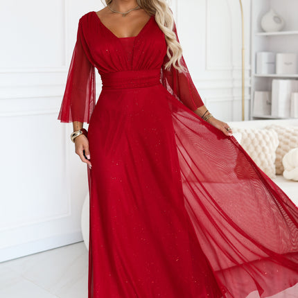 682-4 SOLENNE Long shimmering dress with neckline and sleeve - light burgundy