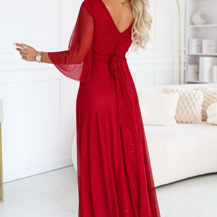 682-4 SOLENNE Long shimmering dress with neckline and sleeve - light burgundy