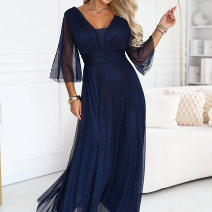 Navy Blue Shimmering Long Dress with Neckline and Sleeve – Solenne
