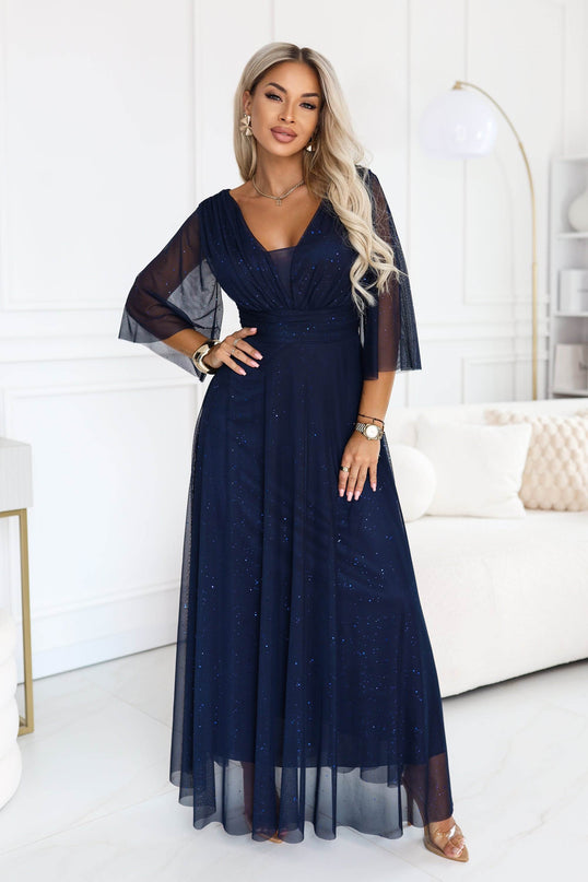 Navy Blue Shimmering Long Dress with Neckline and Sleeve – Solenne