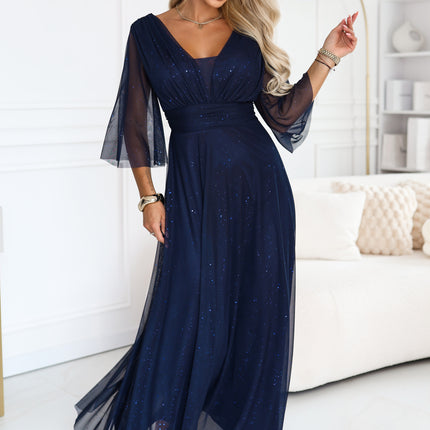 682-5 SOLENNE Long shimmering dress with neckline and sleeve - navy blue