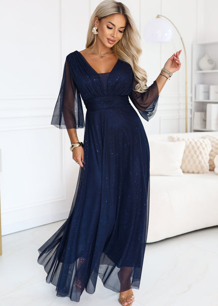 682-5 SOLENNE Long shimmering dress with neckline and sleeve - navy blue