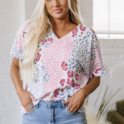 Leopard Print V Neck Short Sleeve Blouse