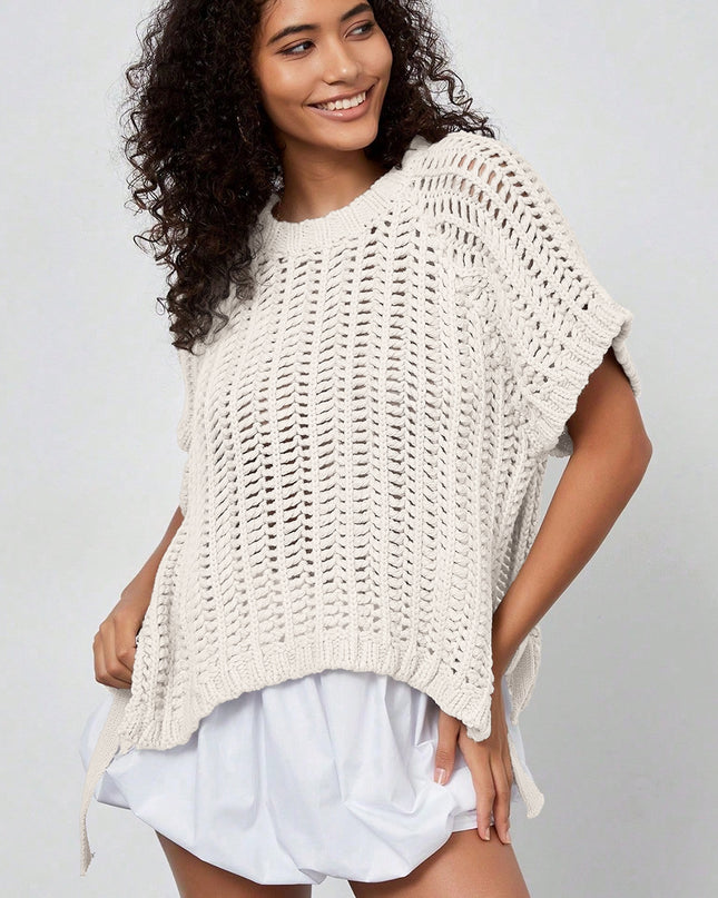 Apricot Plus Size Open Knit Bow Tie Short Sleeve Sweater