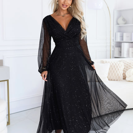 Black Tulle Maxi Dress with Glitter Wrap Neckline