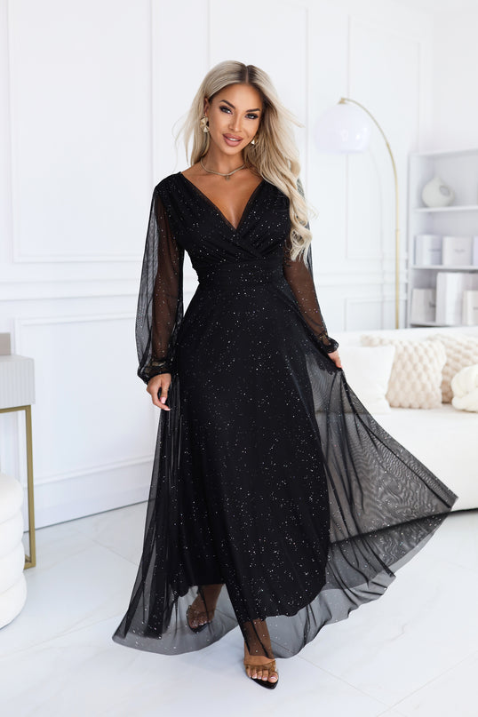 Black Tulle Maxi Dress with Glitter Wrap Neckline