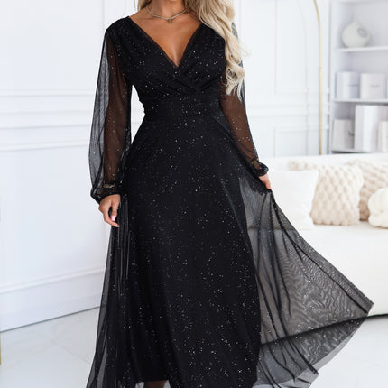 Black Tulle Maxi Dress with Glitter Wrap Neckline