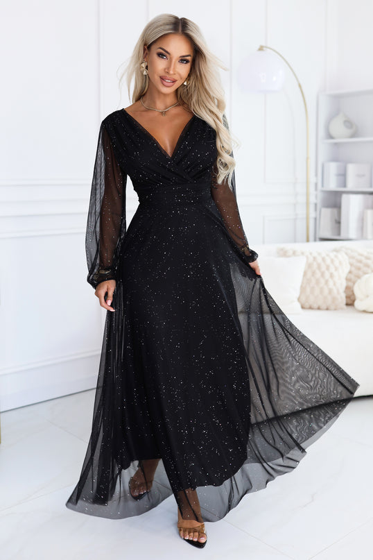 Black Tulle Maxi Dress with Glitter Wrap Neckline
