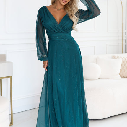 Bottle Green Glitter Tulle Maxi Dress with Wrap Neckline
