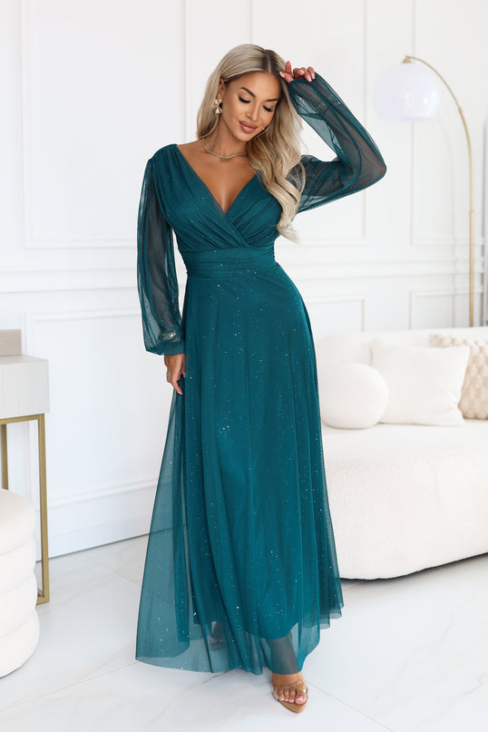 Bottle Green Glitter Tulle Maxi Dress with Wrap Neckline