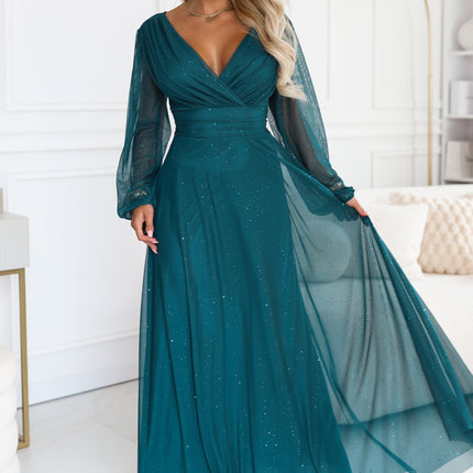 Bottle Green Glitter Tulle Maxi Dress with Wrap Neckline