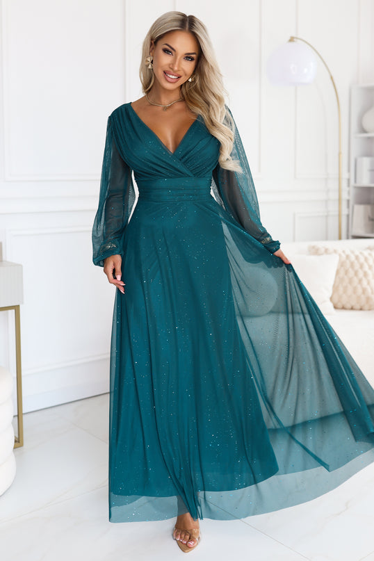 Bottle Green Glitter Tulle Maxi Dress with Wrap Neckline