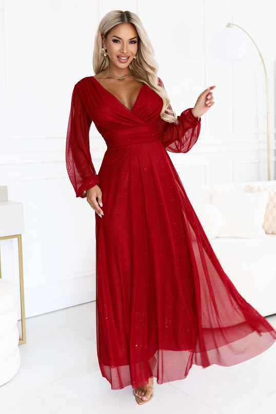 Light Burgundy Tulle Maxi Dress with Glitter