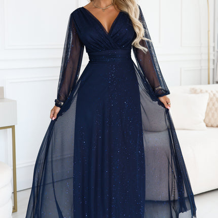 Navy Blue Glitter Tulle Maxi Dress with Wrap Neckline