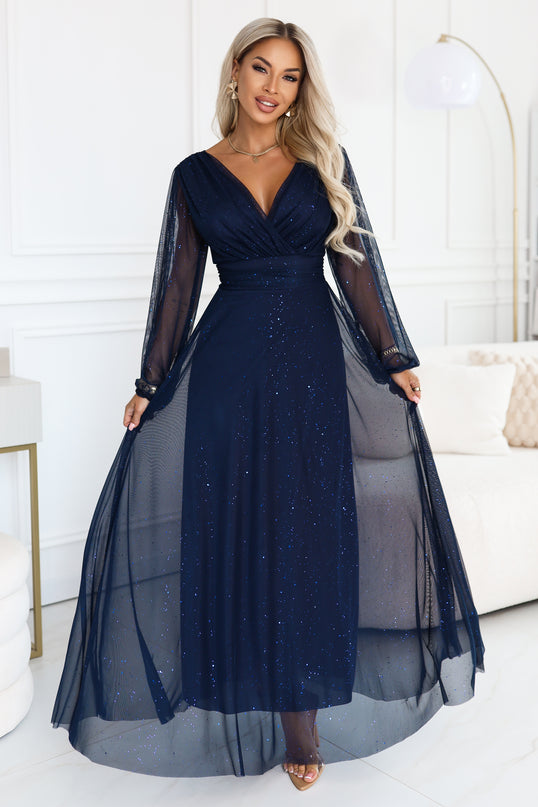 Navy Blue Glitter Tulle Maxi Dress with Wrap Neckline