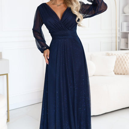 Navy Blue Glitter Tulle Maxi Dress with Wrap Neckline