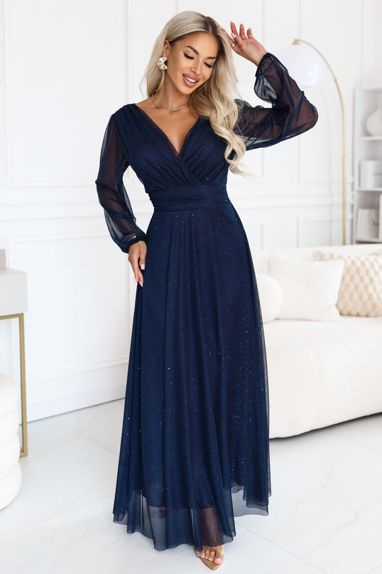 Navy Blue Glitter Tulle Maxi Dress with Wrap Neckline
