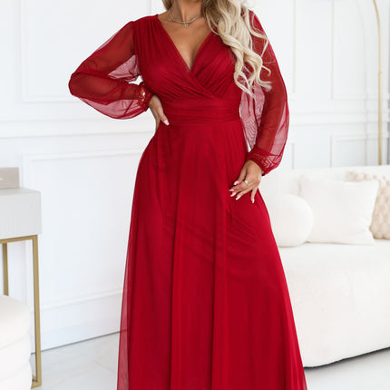 Light Burgundy Tulle Maxi Dress with Wrap Neckline – Nerissa