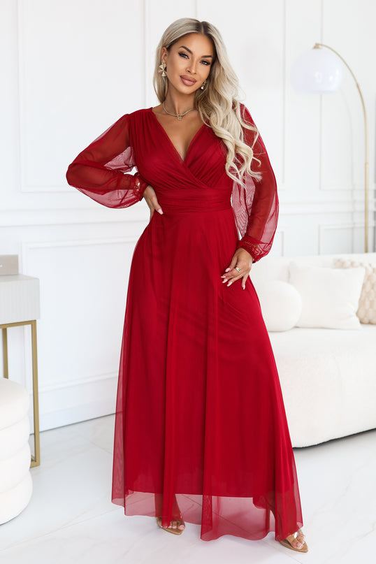 Light Burgundy Tulle Maxi Dress with Wrap Neckline – Nerissa