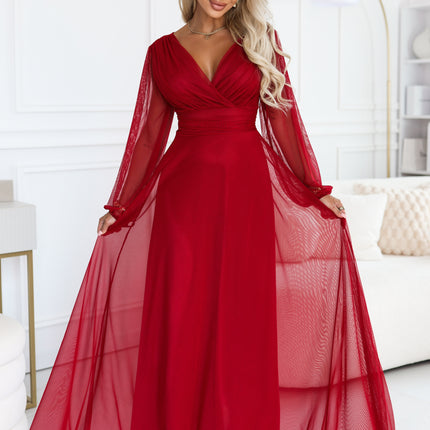 Light Burgundy Tulle Maxi Dress with Wrap Neckline – Nerissa