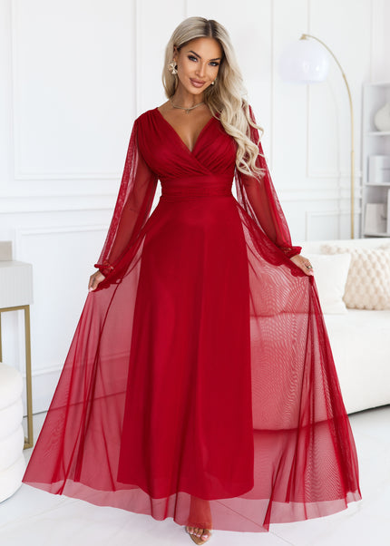 Light Burgundy Tulle Maxi Dress with Wrap Neckline – Nerissa