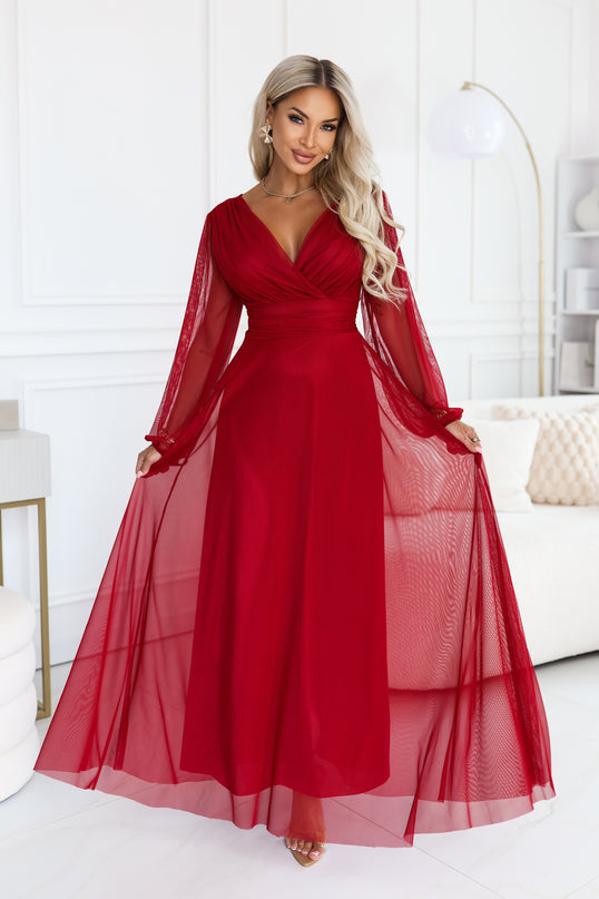 Light Burgundy Tulle Maxi Dress with Wrap Neckline – Nerissa