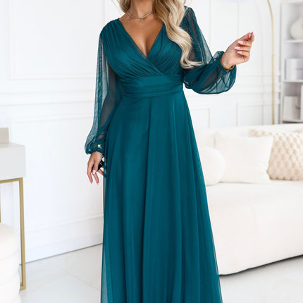 Sea Green Tulle Maxi Dress with Wrap Neckline – Nerissa