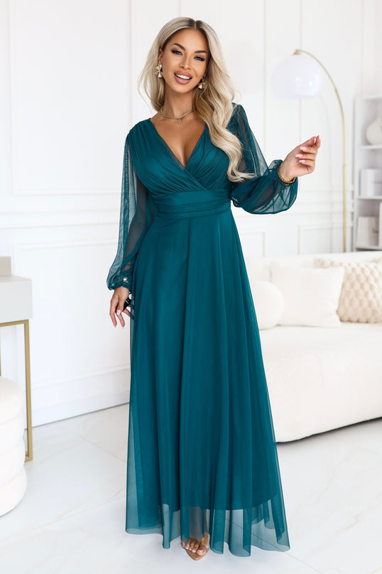 Sea Green Tulle Maxi Dress with Wrap Neckline – Nerissa