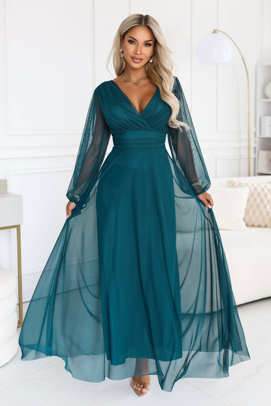 Sea Green Tulle Maxi Dress with Wrap Neckline – Nerissa