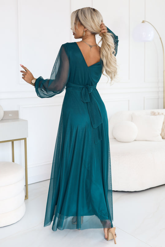 Sea Green Tulle Maxi Dress with Wrap Neckline – Nerissa