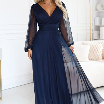 Navy Blue Tulle Maxi Dress with Wrap Neckline – Nerissa