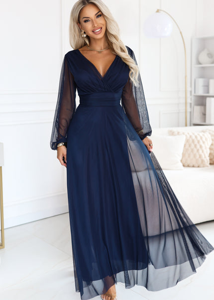Navy Blue Tulle Maxi Dress with Wrap Neckline – Nerissa