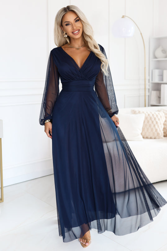 Navy Blue Tulle Maxi Dress with Wrap Neckline – Nerissa