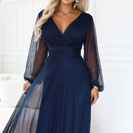 Navy Blue Tulle Maxi Dress with Wrap Neckline – Nerissa