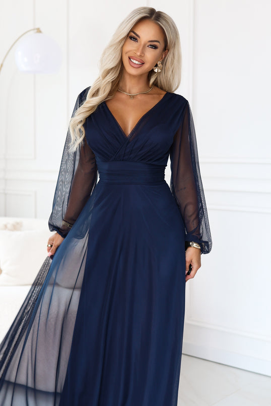 Navy Blue Tulle Maxi Dress with Wrap Neckline – Nerissa