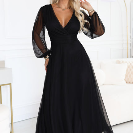 Black Tulle Maxi Dress with Wrap Neckline – Nerissa