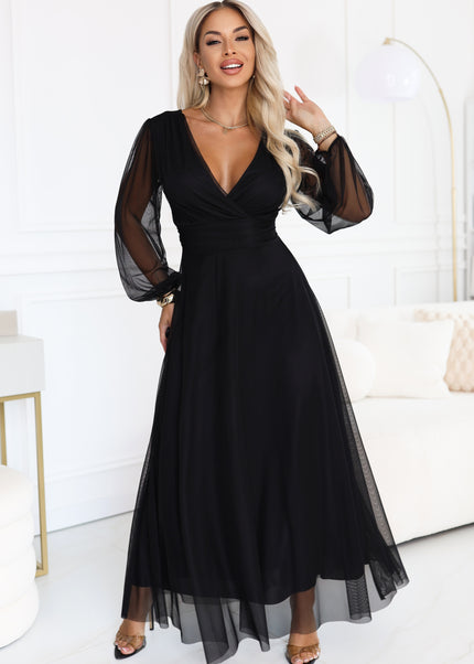 Black Tulle Maxi Dress with Wrap Neckline – Nerissa