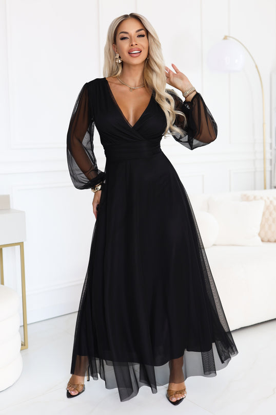 Black Tulle Maxi Dress with Wrap Neckline – Nerissa