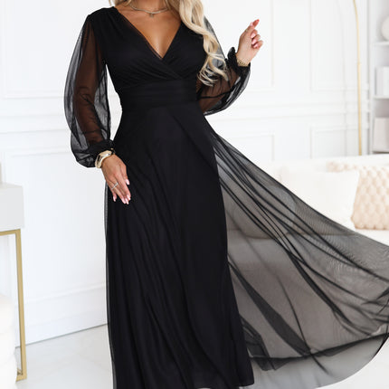 Black Tulle Maxi Dress with Wrap Neckline – Nerissa