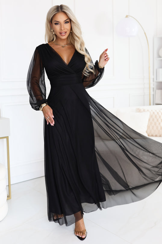 Black Tulle Maxi Dress with Wrap Neckline – Nerissa
