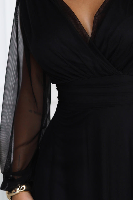 Black Tulle Maxi Dress with Wrap Neckline – Nerissa
