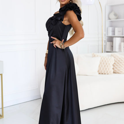 685-1 Satin one-shoulder maxi evening dress with a decorative ruffle - black