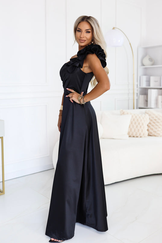 Black Satin One-Shoulder Maxi Dress with Ruffle