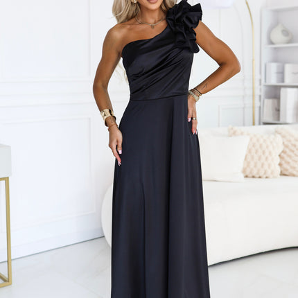 685-1 Satin one-shoulder maxi evening dress with a decorative ruffle - black