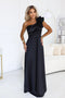 685-1 Satin one-shoulder maxi evening dress with a decorative ruffle - black