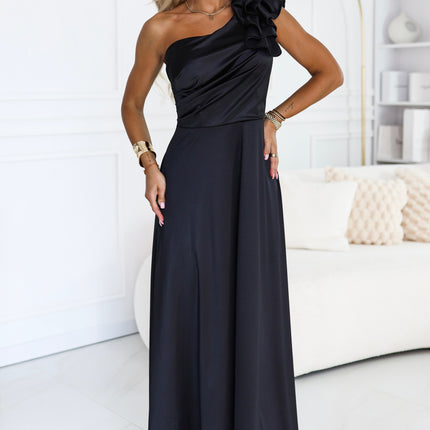 685-1 Satin one-shoulder maxi evening dress with a decorative ruffle - black
