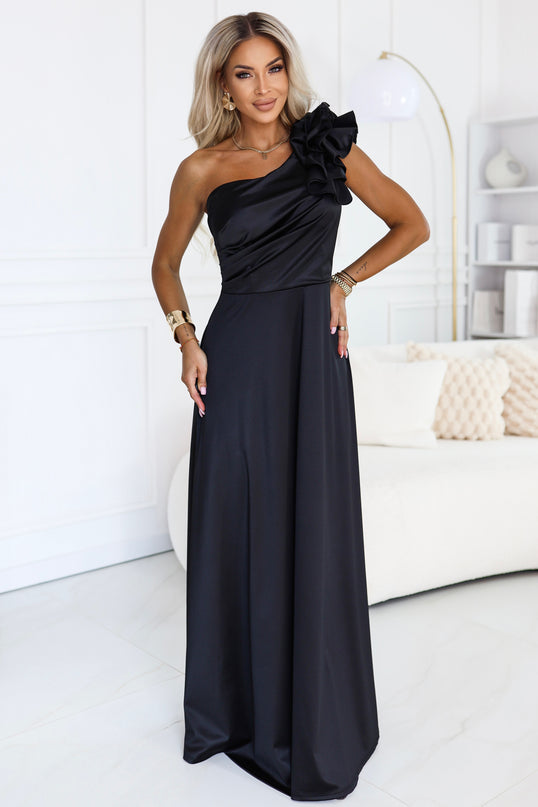 Black Satin One-Shoulder Maxi Dress with Ruffle
