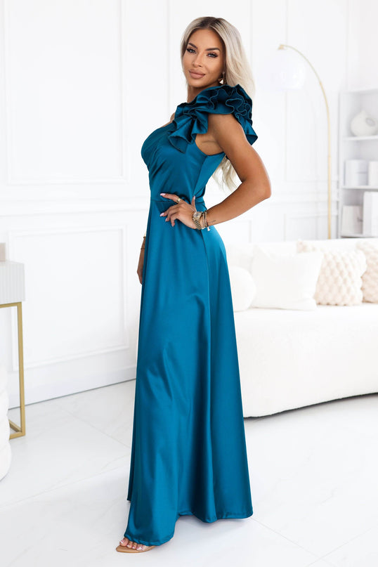 Sea Green Satin One-Shoulder Maxi Dress with Ruffle Detail