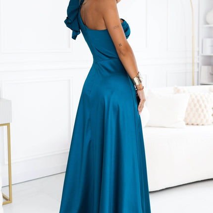 Sea Green Satin One-Shoulder Maxi Dress with Ruffle Detail