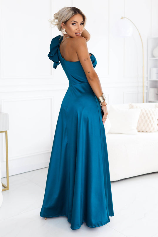 Sea Green Satin One-Shoulder Maxi Dress with Ruffle Detail